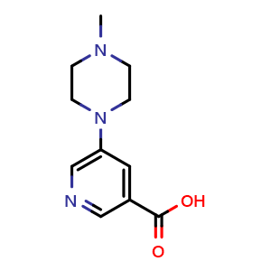 Chemical structure of 5-(4-methylpiperazin-1-yl)pyridine-3-carboxylic acid , CAS 450368-31-7, AChemBlock T92185