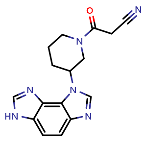 Chemical structure of 3-[3-(6H-imidazo[4,5-g]benzimidazol-1-yl)-1-piperidyl]-3-oxo-propanenitrile , CAS 2411634-94-9, AChemBlock T92191