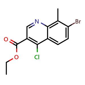 Chemical structure of ethyl 7-bromo-4-chloro-8-methylquinoline-3-carboxylate , CAS 1242260-50-9, AChemBlock T92194
