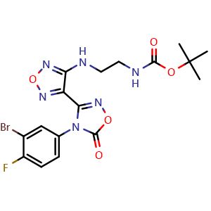 Chemical structure of tert-butyl (2-((4-(4-(3-bromo-4-fluorophenyl)-5-oxo-4,5-dihydro-1,2,4-oxadiazol-3-yl)-1,2,5-oxadiazol-3-yl)amino)ethyl)carbamate , CAS 1204669-68-0, AChemBlock T92195