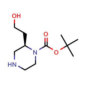 Chemical structure of tert-butyl (2R)-2-(2-hydroxyethyl)piperazine-1-carboxylate , CAS 947275-74-3, AChemBlock T92212