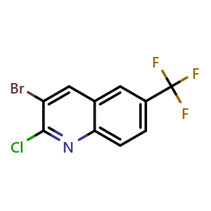 Chemical structure of 3-bromo-2-chloro-6-(trifluoromethyl)quinoline , CAS 1447949-06-5, AChemBlock T92218