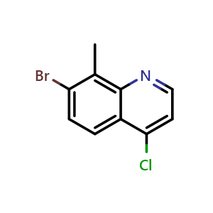 Chemical structure of 7-Bromo-4-chloro-8-methylquinoline , CAS 1189106-50-0, AChemBlock T92219