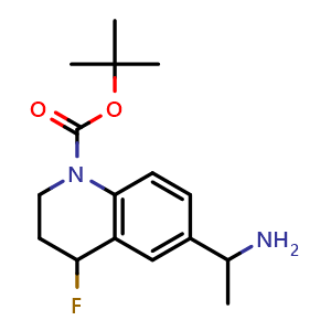 Chemical structure of tert-butyl 6-(1-aminoethyl)-4-fluoro-3,4-dihydro-2H-quinoline-1-carboxylate , CAS 2411641-70-6, AChemBlock T92239