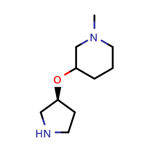 Chemical structure of 1-methyl-3-(((S)-pyrrolidin-3-yl)oxy)piperidine , CAS 2411625-22-2, AChemBlock T92251