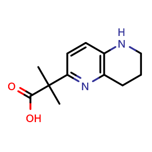 Chemical structure of 2-methyl-2-(5,6,7,8-tetrahydro-1,5-naphthyridin-2-yl)propanoic acid , CAS 2387594-70-7, AChemBlock T92304