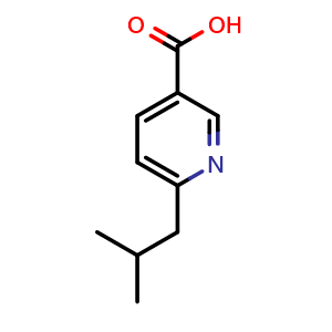 Chemical structure of 6-(2-methylpropyl)pyridine-3-carboxylic acid , CAS 121343-77-9, AChemBlock T92315