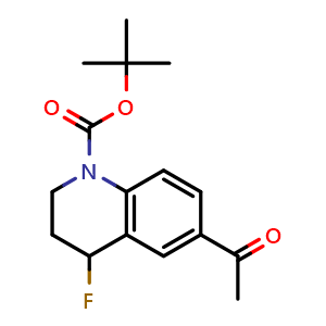 Chemical structure of tert-butyl 6-acetyl-4-fluoro-3,4-dihydro-2H-quinoline-1-carboxylate , CAS 2411634-63-2, AChemBlock T92333