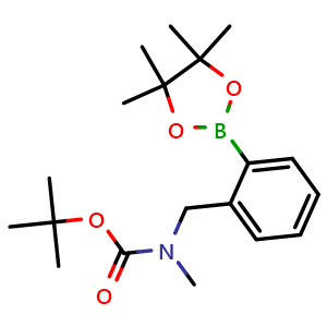 Chemical structure of tert-butyl 2-(4,4,5,5-tetramethyl-1,3,2-dioxaborolan-2-yl)benzylmethylcarbamate , CAS 2246590-15-6, AChemBlock T92361