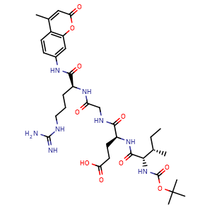 Chemical structure of (4S)-4-[[(2S,3S)-2-(tert-butoxycarbonylamino)-3-methyl-pentanoyl]amino]-5-[[2-[[(1S)-4-guanidino-1-[(4-methyl-2-oxo-chromen-7-yl)carbamoyl]butyl]amino]-2-oxo-ethyl]amino]-5-oxo-pentanoic acid , CAS 65147-06-0, AChemBlock T92364