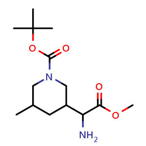 Chemical structure of tert-butyl 3-(1-amino-2-methoxy-2-oxo-ethyl)-5-methyl-piperidine-1-carboxylate , CAS 2292434-03-6, AChemBlock T92367