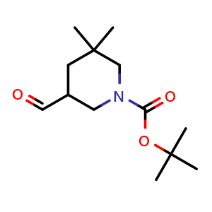 Chemical structure of tert-butyl 5-formyl-3,3-dimethyl-piperidine-1-carboxylate , CAS 1781376-39-3, AChemBlock T92378