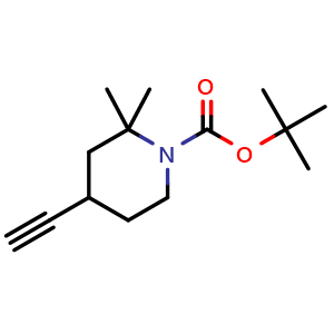 Chemical structure of tert-butyl 4-ethynyl-2,2-dimethyl-piperidine-1-carboxylate , CAS 2387600-09-9, AChemBlock T92422