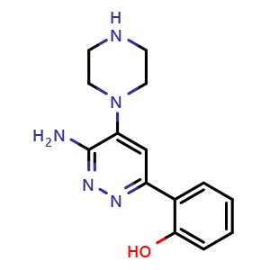 Chemical structure of 2-(6-amino-5-(piperazin-1-yl)pyridazin-3-yl)phenol , CAS 1997319-92-2, AChemBlock T92428