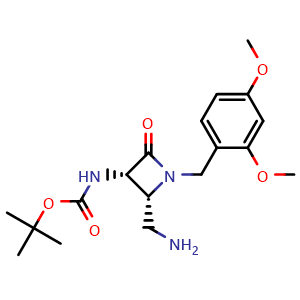Chemical structure of tert-butyl N-[(2R,3S)-2-(aminomethyl)-1-[(2,4-dimethoxyphenyl)methyl]-4-oxo-azetidin-3-yl]carbamate , CAS 1380110-38-2, AChemBlock T92451