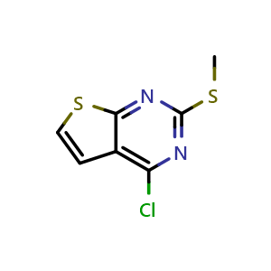 Chemical structure of 4-chloro-2-(methylthio)thieno[2,3-d]pyrimidine , CAS 598298-10-3, AChemBlock T92513