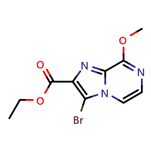 Chemical structure of ethyl 3-bromo-8-methoxyimidazo[1,2-a]pyrazine-2-carboxylate , CAS 2411637-10-8, AChemBlock T92568
