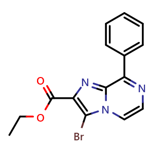 Chemical structure of ethyl 3-bromo-8-phenylimidazo[1,2-a]pyrazine-2-carboxylate , CAS 2411634-48-3, AChemBlock T92570