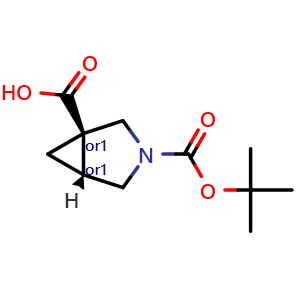 Chemical structure of rel-((1S,5S)-3-(tert-Butoxycarbonyl)-3-azabicyclo[3.1.0]hexane-1-carboxylic acid) , CAS 1251005-34-1, AChemBlock T92576