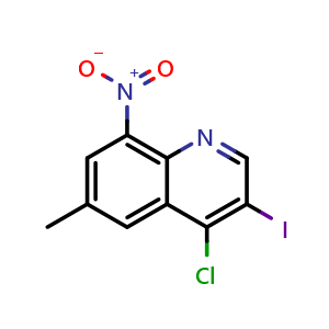 Chemical structure of 4-chloro-3-iodo-6-methyl-8-nitroquinoline , CAS 2411636-90-1, AChemBlock T92615