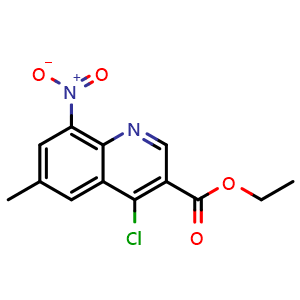 Chemical structure of ethyl 4-chloro-6-methyl-8-nitroquinoline-3-carboxylate , CAS 2411636-80-9, AChemBlock T92616