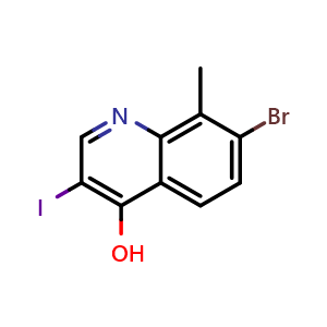 Chemical structure of 7-bromo-3-iodo-8-methylquinolin-4-ol , CAS 1431363-47-1, AChemBlock T92621