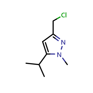 Chemical structure of 3-(chloromethyl)-5-isopropyl-1-methyl-1H-pyrazole , CAS 2411639-68-2, AChemBlock T92633