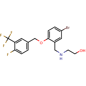 Chemical structure of 2-[5-Bromo-2-(4-fluoro-3-trifluoromethyl-benzyloxy)-benzylamino]-ethanol , CAS 2165322-94-9, AChemBlock T92641