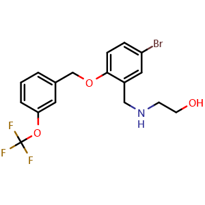 Chemical structure of 2-[5-Bromo-2-(3-trifluoromethoxy-benzyloxy)-benzylamino]-ethanol , CAS 2165322-95-0, AChemBlock T92642