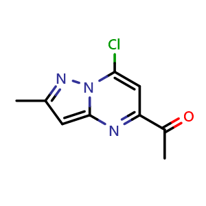Chemical structure of 1-(7-chloro-2-methyl-pyrazolo[1,5-a]pyrimidin-5-yl)ethanone , CAS 2387598-32-3, AChemBlock T92684