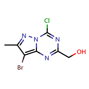 Chemical structure of (8-bromo-4-chloro-7-methyl-pyrazolo[1,5-a][1,3,5]triazin-2-yl)methanol , CAS 2387599-46-2, AChemBlock T92685
