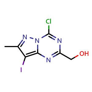 Chemical structure of (4-chloro-8-iodo-7-methyl-pyrazolo[1,5-a][1,3,5]triazin-2-yl)methanol , CAS 2387600-84-0, AChemBlock T92686