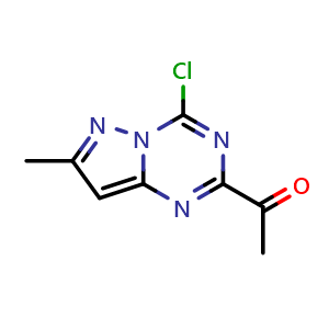 Chemical structure of 1-(4-chloro-7-methyl-pyrazolo[1,5-a][1,3,5]triazin-2-yl)ethanone , CAS 2387597-03-5, AChemBlock T92687