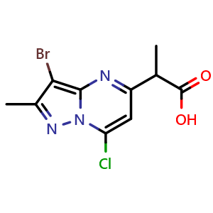 Chemical structure of 2-(3-bromo-7-chloro-2-methyl-pyrazolo[1,5-a]pyrimidin-5-yl)propanoic acid , CAS 2387601-09-2, AChemBlock T92688