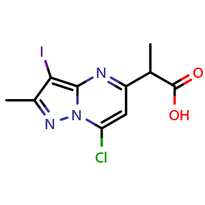 Chemical structure of 2-(7-chloro-3-iodo-2-methyl-pyrazolo[1,5-a]pyrimidin-5-yl)propanoic acid , CAS 2387600-74-8, AChemBlock T92689