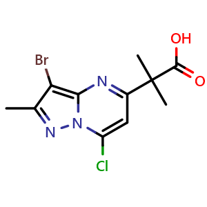 Chemical structure of 2-(3-bromo-7-chloro-2-methyl-pyrazolo[1,5-a]pyrimidin-5-yl)-2-methyl-propanoic acid , CAS 2387601-20-7, AChemBlock T92690