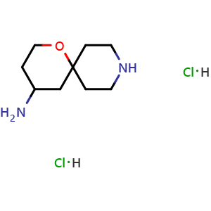Chemical structure of 1-oxa-9-azaspiro[5.5]undecan-4-amine dihydrochloride , CAS 2387594-95-6, AChemBlock T92692
