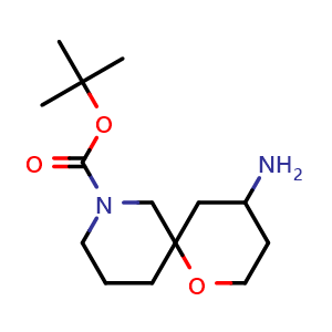 Chemical structure of tert-butyl 4-amino-1-oxa-8-azaspiro[5.5]undecane-8-carboxylate , CAS 2385969-21-9, AChemBlock T92693