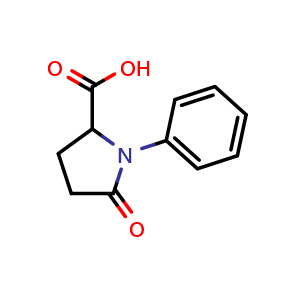 Chemical structure of 5-oxo-1-phenylpyrrolidine-2-carboxylic acid , CAS 18133-18-1, AChemBlock T92725