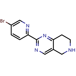 Chemical structure of 2-(5-bromopyridin-2-yl)-5,6,7,8-tetrahydropyrido[4,3-d]pyrimidine , CAS 1779103-23-9, AChemBlock T92751
