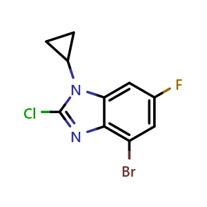 Chemical structure of 4-bromo-2-chloro-1-cyclopropyl-6-fluoro-1H-benzo[d]imidazole , CAS 2411635-48-6, AChemBlock T92799