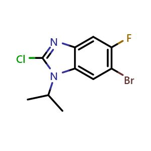 Chemical structure of 6-Bromo-2-chloro-5-fluoro-1-isopropyl-1H-benzo[d]imidazole , CAS 2411640-99-6, AChemBlock T92812