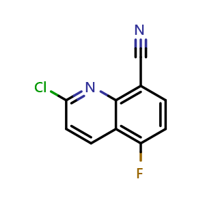 Chemical structure of 2-chloro-5-fluoroquinoline-8-carbonitrile , CAS 2411638-06-5, AChemBlock T92815
