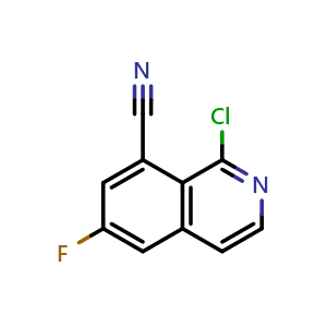 Chemical structure of 1-chloro-6-fluoroisoquinoline-8-carbonitrile , CAS 2411635-67-9, AChemBlock T92822