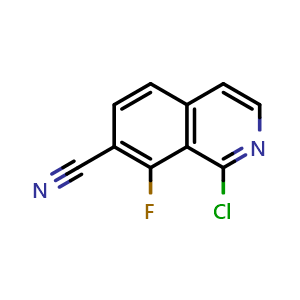 Chemical structure of 1-chloro-8-fluoroisoquinoline-7-carbonitrile , CAS 2411634-26-7, AChemBlock T92824