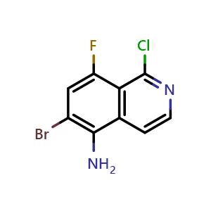 Chemical structure of 6-bromo-1-chloro-8-fluoroisoquinolin-5-amine , CAS 2411634-32-5, AChemBlock T92839