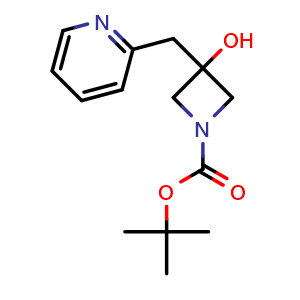 Chemical structure of tert-butyl 3-hydroxy-3-[(pyridin-2-yl)methyl]azetidine-1-carboxylate , CAS 1490206-48-8, AChemBlock T92851