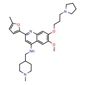 Chemical structure of 7-(3-(pyrrolidin-1-yl)propoxy)-6-methoxy-2-(5-methylfuran-2-yl)-N-((1-methylpiperidin-4-yl)methyl)quinolin-4-amine , CAS 1846570-40-8, AChemBlock T92858