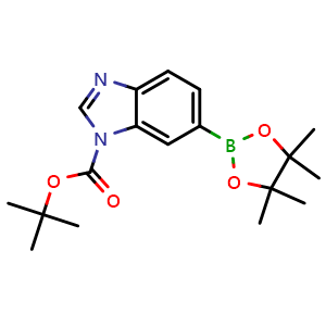 Chemical structure of tert-butyl 6-(4,4,5,5-tetramethyl-1,3,2-dioxaborolan-2-yl)-1H-benzo[d]imidazole-1-carboxylate , CAS 1383851-37-3, AChemBlock T92863
