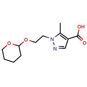 Chemical structure of 5-methyl-1-[2-(oxan-2-yloxy)ethyl]-1H-pyrazole-4-carboxylic acid , CAS 1423028-01-6, AChemBlock T92868